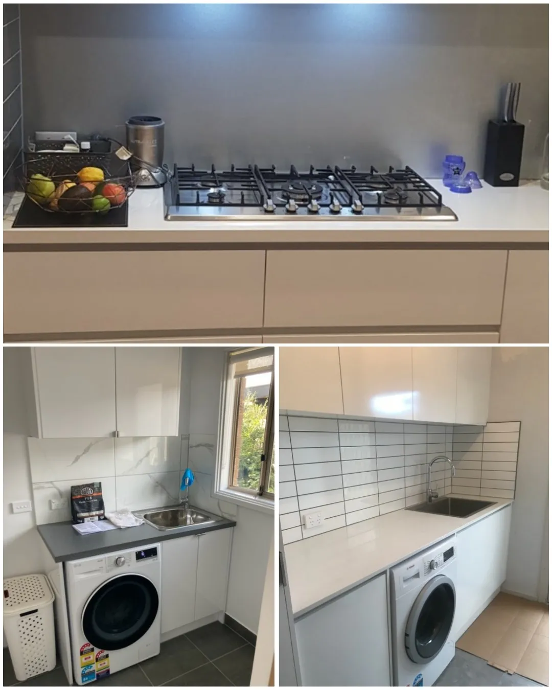 A completed kitchen and two completed laundries by Bathroom Renovators Group