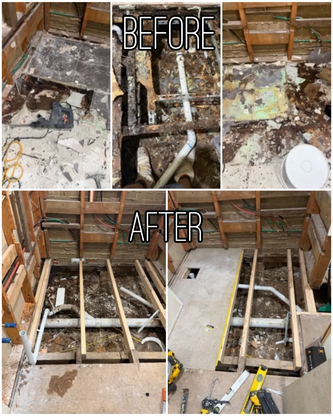 Before and after a water damage repair: rotted floor framing and subfloor removed, then rebuilt with new bearers and sheeting